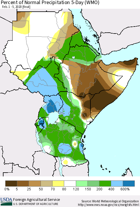 Eastern Africa Percent of Normal Precipitation 5-Day (WMO) Thematic Map For 2/1/2020 - 2/5/2020