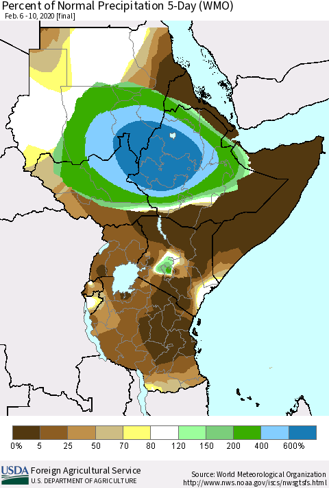 Eastern Africa Percent of Normal Precipitation 5-Day (WMO) Thematic Map For 2/6/2020 - 2/10/2020