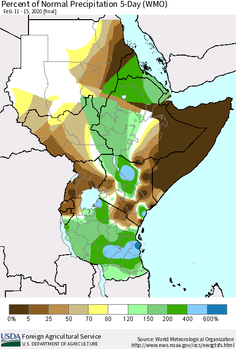 Eastern Africa Percent of Normal Precipitation 5-Day (WMO) Thematic Map For 2/11/2020 - 2/15/2020