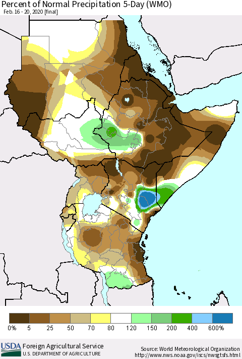 Eastern Africa Percent of Normal Precipitation 5-Day (WMO) Thematic Map For 2/16/2020 - 2/20/2020