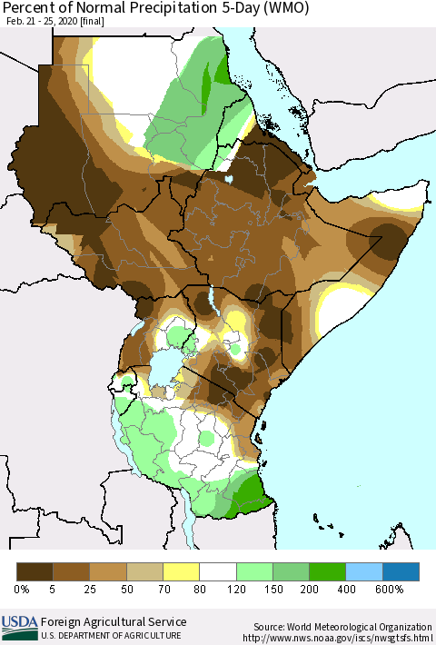 Eastern Africa Percent of Normal Precipitation 5-Day (WMO) Thematic Map For 2/21/2020 - 2/25/2020