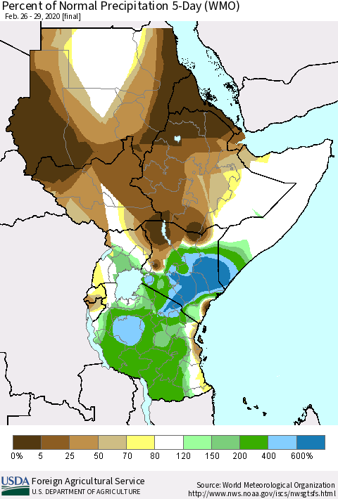 Eastern Africa Percent of Normal Precipitation 5-Day (WMO) Thematic Map For 2/26/2020 - 2/29/2020