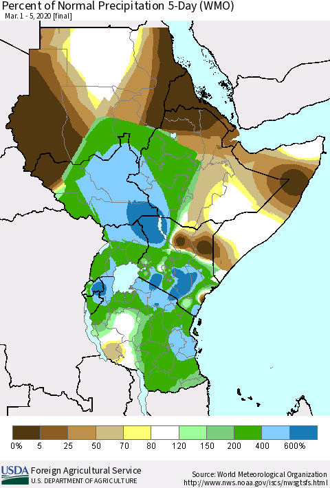 Eastern Africa Percent of Normal Precipitation 5-Day (WMO) Thematic Map For 3/1/2020 - 3/5/2020