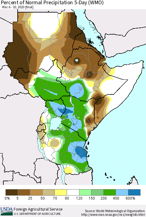 Eastern Africa Percent of Normal Precipitation 5-Day (WMO) Thematic Map For 3/6/2020 - 3/10/2020