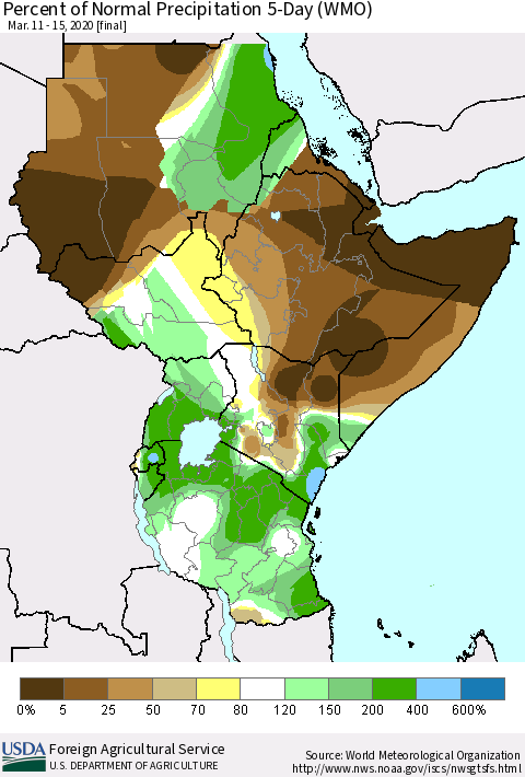 Eastern Africa Percent of Normal Precipitation 5-Day (WMO) Thematic Map For 3/11/2020 - 3/15/2020