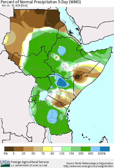 Eastern Africa Percent of Normal Precipitation 5-Day (WMO) Thematic Map For 3/16/2020 - 3/20/2020