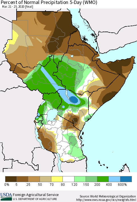 Eastern Africa Percent of Normal Precipitation 5-Day (WMO) Thematic Map For 3/21/2020 - 3/25/2020