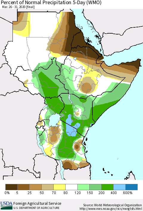 Eastern Africa Percent of Normal Precipitation 5-Day (WMO) Thematic Map For 3/26/2020 - 3/31/2020
