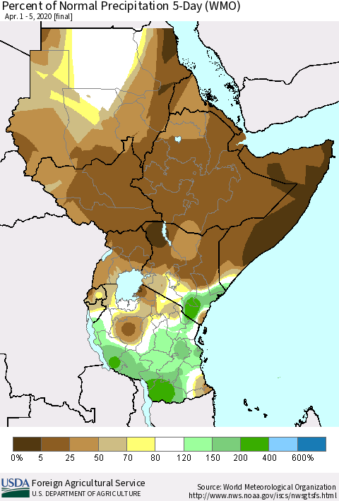 Eastern Africa Percent of Normal Precipitation 5-Day (WMO) Thematic Map For 4/1/2020 - 4/5/2020
