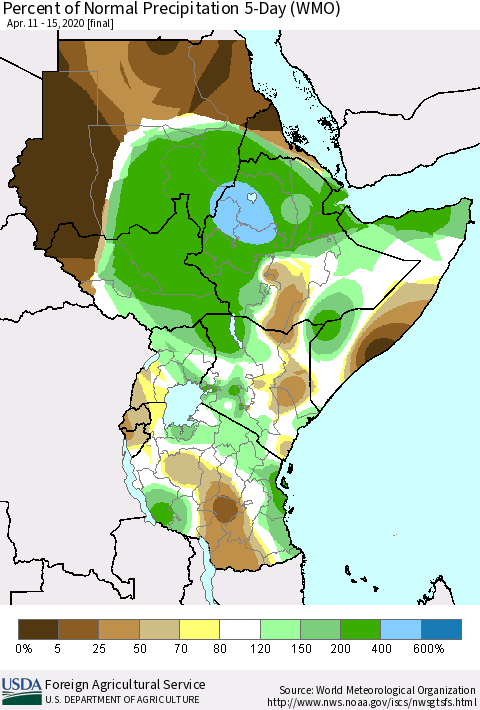Eastern Africa Percent of Normal Precipitation 5-Day (WMO) Thematic Map For 4/11/2020 - 4/15/2020