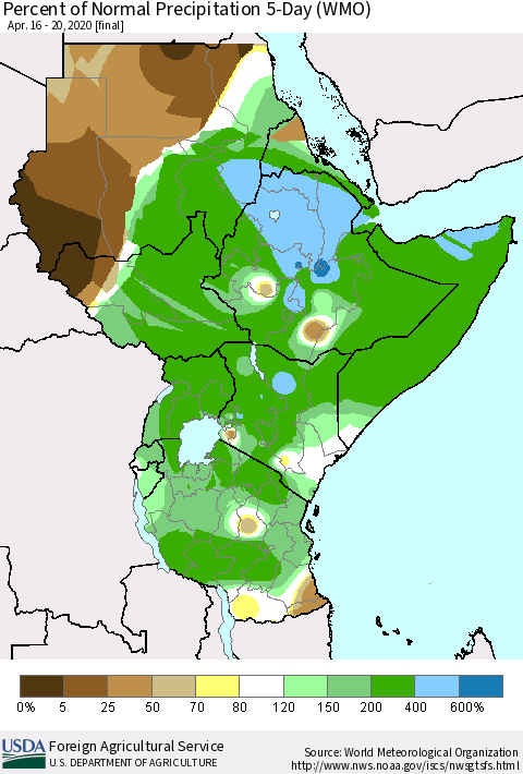 Eastern Africa Percent of Normal Precipitation 5-Day (WMO) Thematic Map For 4/16/2020 - 4/20/2020