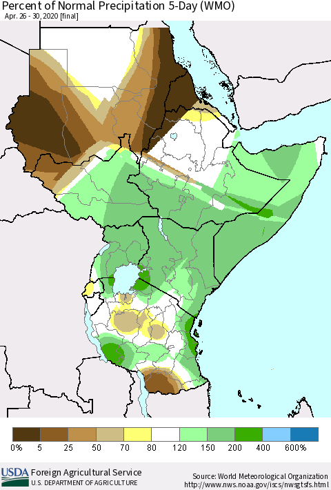 Eastern Africa Percent of Normal Precipitation 5-Day (WMO) Thematic Map For 4/26/2020 - 4/30/2020