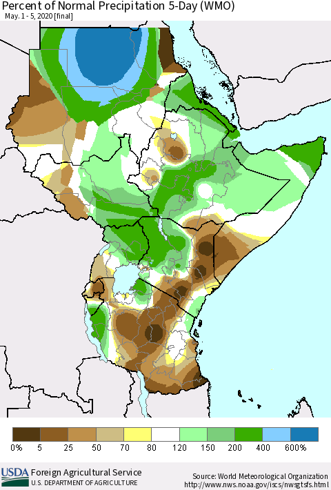 Eastern Africa Percent of Normal Precipitation 5-Day (WMO) Thematic Map For 5/1/2020 - 5/5/2020