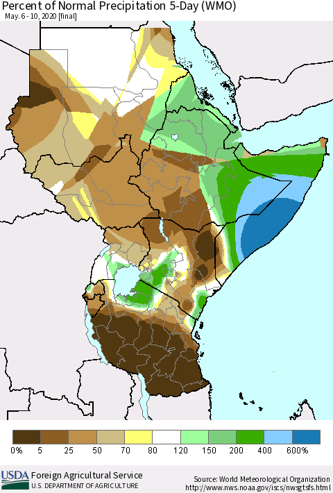 Eastern Africa Percent of Normal Precipitation 5-Day (WMO) Thematic Map For 5/6/2020 - 5/10/2020