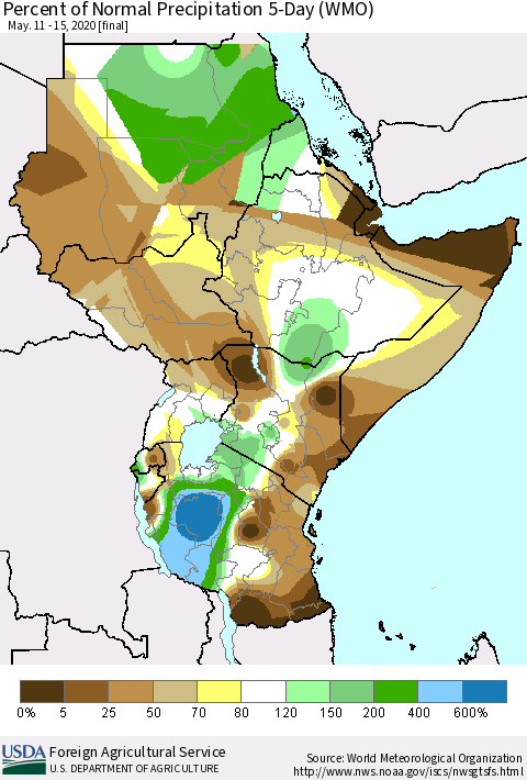 Eastern Africa Percent of Normal Precipitation 5-Day (WMO) Thematic Map For 5/11/2020 - 5/15/2020