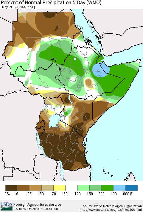 Eastern Africa Percent of Normal Precipitation 5-Day (WMO) Thematic Map For 5/21/2020 - 5/25/2020