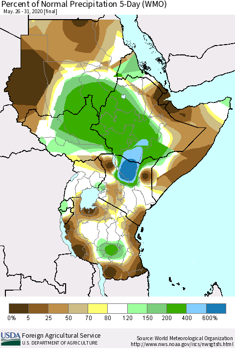 Eastern Africa Percent of Normal Precipitation 5-Day (WMO) Thematic Map For 5/26/2020 - 5/31/2020
