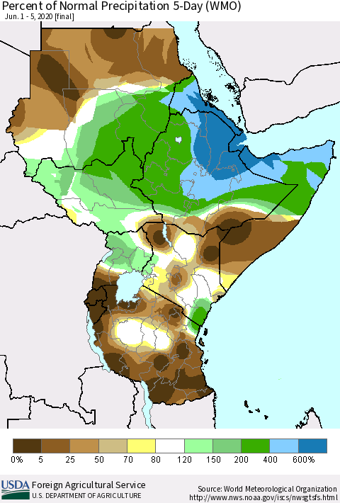 Eastern Africa Percent of Normal Precipitation 5-Day (WMO) Thematic Map For 6/1/2020 - 6/5/2020