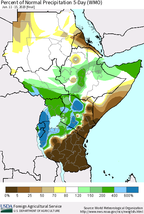 Eastern Africa Percent of Normal Precipitation 5-Day (WMO) Thematic Map For 6/11/2020 - 6/15/2020