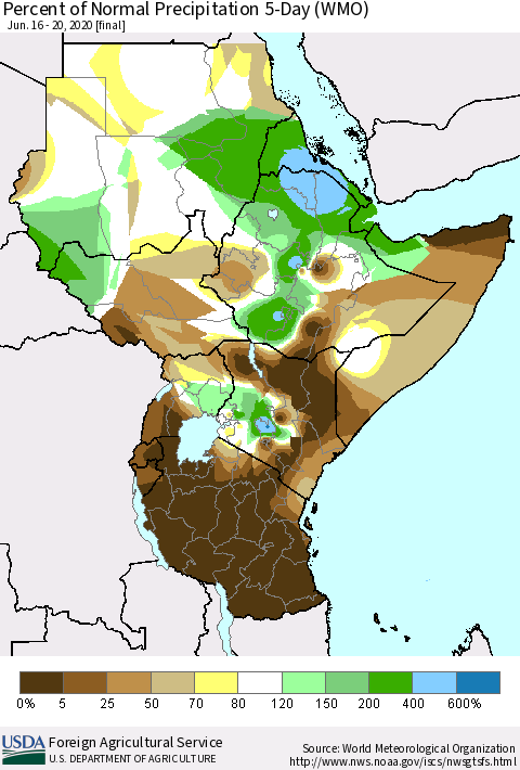 Eastern Africa Percent of Normal Precipitation 5-Day (WMO) Thematic Map For 6/16/2020 - 6/20/2020