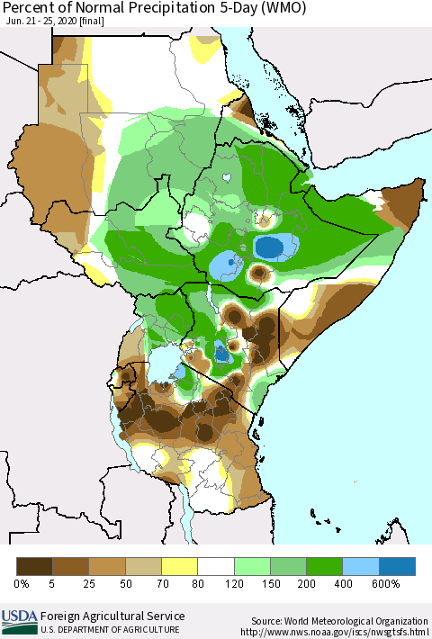 Eastern Africa Percent of Normal Precipitation 5-Day (WMO) Thematic Map For 6/21/2020 - 6/25/2020