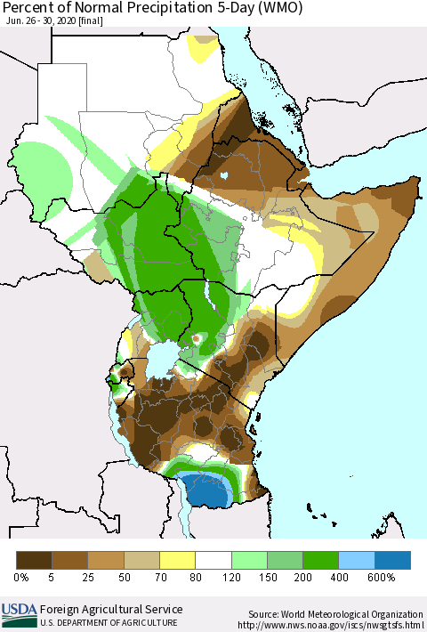 Eastern Africa Percent of Normal Precipitation 5-Day (WMO) Thematic Map For 6/26/2020 - 6/30/2020