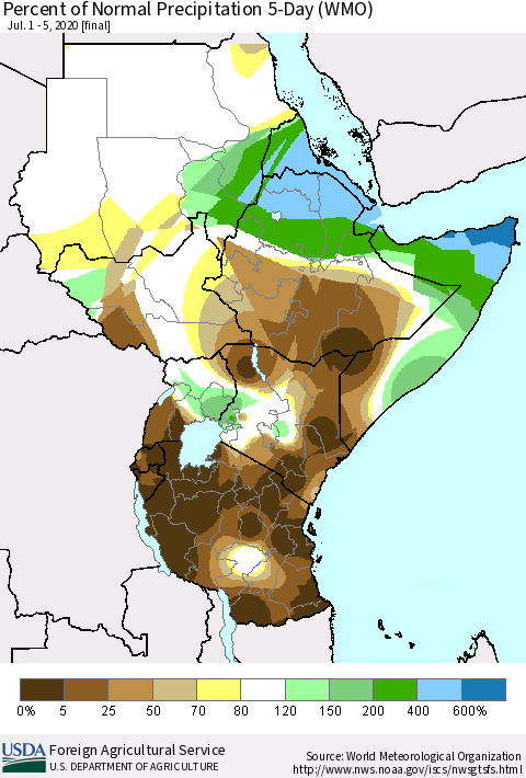Eastern Africa Percent of Normal Precipitation 5-Day (WMO) Thematic Map For 7/1/2020 - 7/5/2020