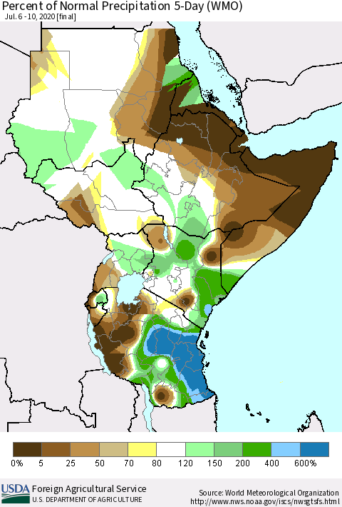 Eastern Africa Percent of Normal Precipitation 5-Day (WMO) Thematic Map For 7/6/2020 - 7/10/2020