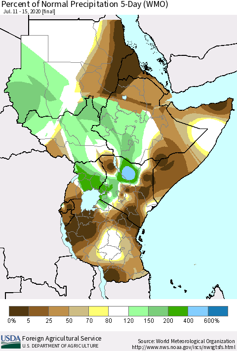 Eastern Africa Percent of Normal Precipitation 5-Day (WMO) Thematic Map For 7/11/2020 - 7/15/2020