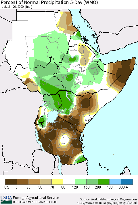 Eastern Africa Percent of Normal Precipitation 5-Day (WMO) Thematic Map For 7/16/2020 - 7/20/2020