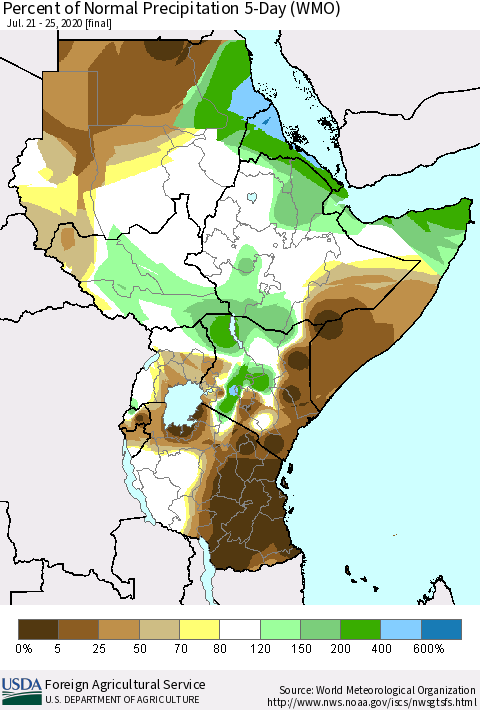 Eastern Africa Percent of Normal Precipitation 5-Day (WMO) Thematic Map For 7/21/2020 - 7/25/2020