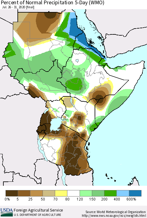 Eastern Africa Percent of Normal Precipitation 5-Day (WMO) Thematic Map For 7/26/2020 - 7/31/2020