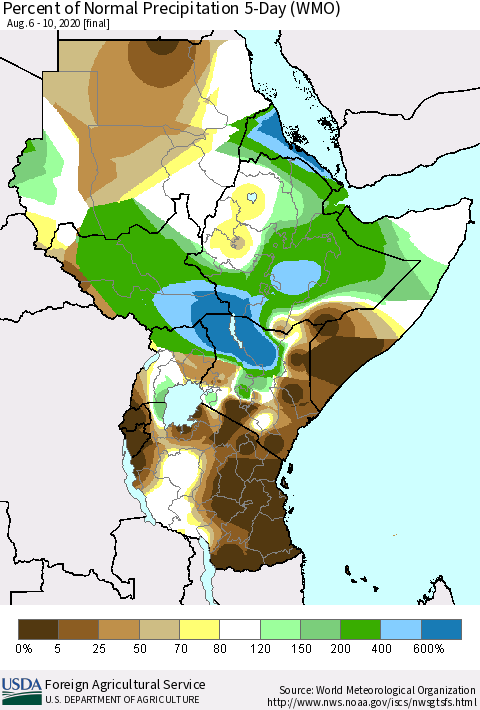 Eastern Africa Percent of Normal Precipitation 5-Day (WMO) Thematic Map For 8/6/2020 - 8/10/2020