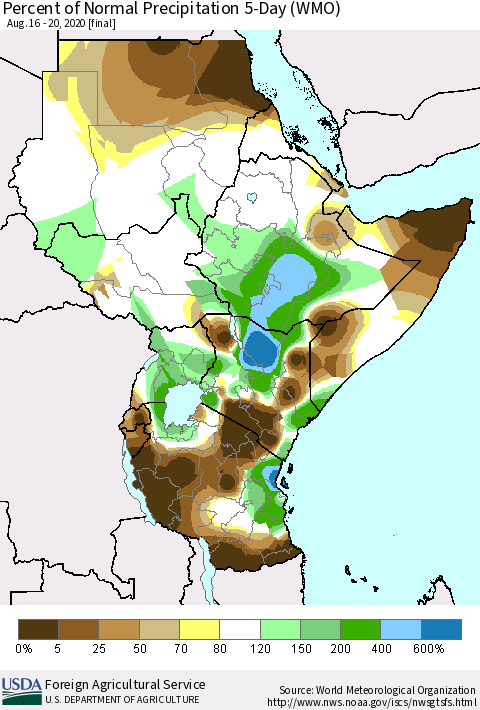 Eastern Africa Percent of Normal Precipitation 5-Day (WMO) Thematic Map For 8/16/2020 - 8/20/2020