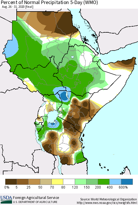 Eastern Africa Percent of Normal Precipitation 5-Day (WMO) Thematic Map For 8/26/2020 - 8/31/2020