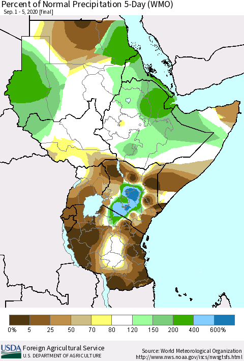 Eastern Africa Percent of Normal Precipitation 5-Day (WMO) Thematic Map For 9/1/2020 - 9/5/2020