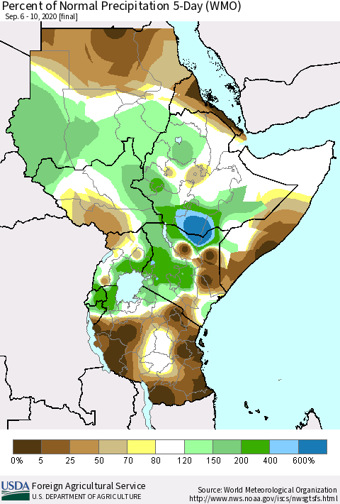 Eastern Africa Percent of Normal Precipitation 5-Day (WMO) Thematic Map For 9/6/2020 - 9/10/2020