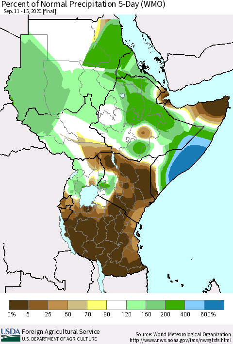 Eastern Africa Percent of Normal Precipitation 5-Day (WMO) Thematic Map For 9/11/2020 - 9/15/2020