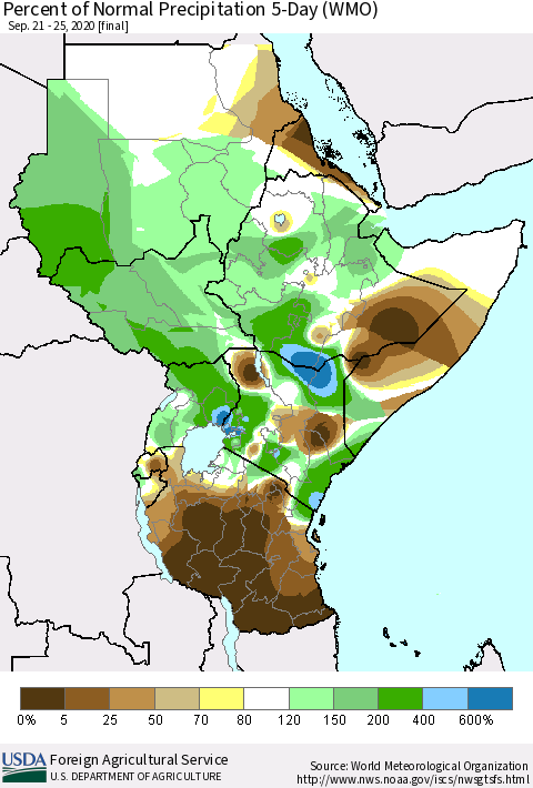 Eastern Africa Percent of Normal Precipitation 5-Day (WMO) Thematic Map For 9/21/2020 - 9/25/2020