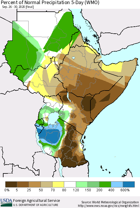 Eastern Africa Percent of Normal Precipitation 5-Day (WMO) Thematic Map For 9/26/2020 - 9/30/2020