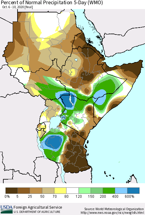 Eastern Africa Percent of Normal Precipitation 5-Day (WMO) Thematic Map For 10/6/2020 - 10/10/2020