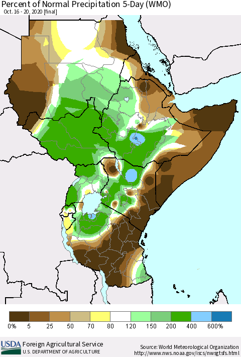 Eastern Africa Percent of Normal Precipitation 5-Day (WMO) Thematic Map For 10/16/2020 - 10/20/2020