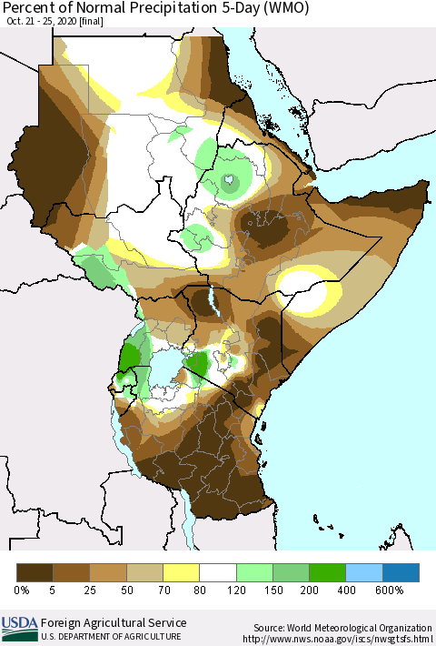 Eastern Africa Percent of Normal Precipitation 5-Day (WMO) Thematic Map For 10/21/2020 - 10/25/2020