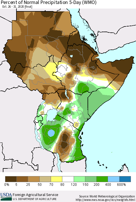 Eastern Africa Percent of Normal Precipitation 5-Day (WMO) Thematic Map For 10/26/2020 - 10/31/2020