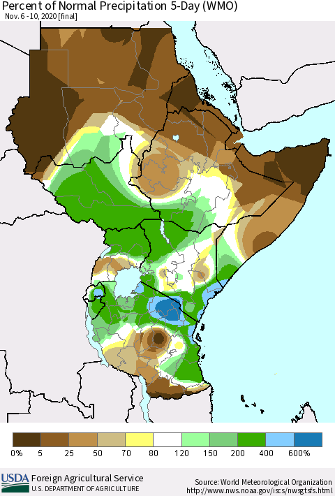 Eastern Africa Percent of Normal Precipitation 5-Day (WMO) Thematic Map For 11/6/2020 - 11/10/2020