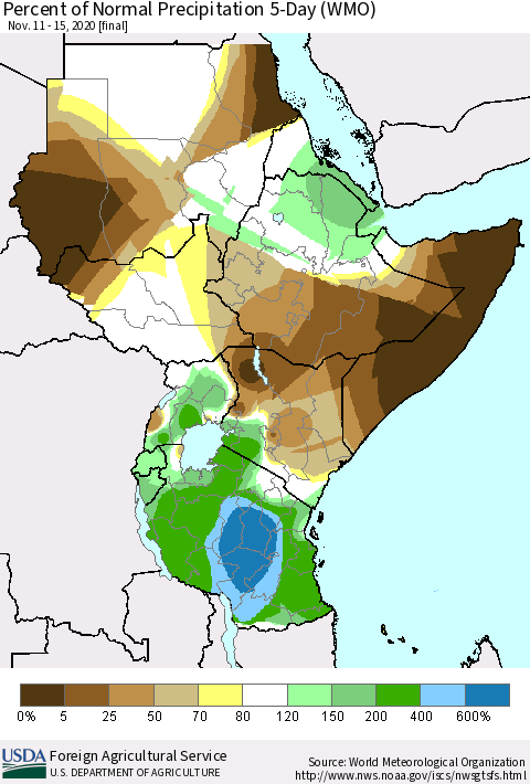 Eastern Africa Percent of Normal Precipitation 5-Day (WMO) Thematic Map For 11/11/2020 - 11/15/2020