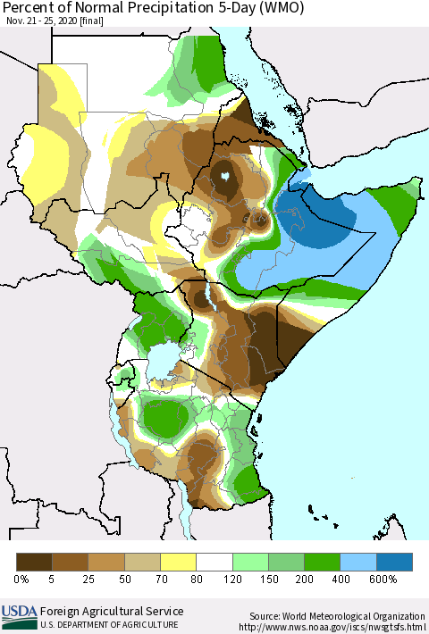 Eastern Africa Percent of Normal Precipitation 5-Day (WMO) Thematic Map For 11/21/2020 - 11/25/2020