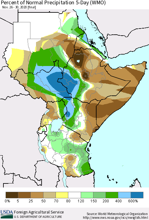 Eastern Africa Percent of Normal Precipitation 5-Day (WMO) Thematic Map For 11/26/2020 - 11/30/2020
