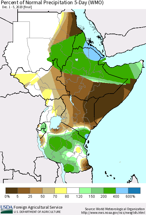 Eastern Africa Percent of Normal Precipitation 5-Day (WMO) Thematic Map For 12/1/2020 - 12/5/2020