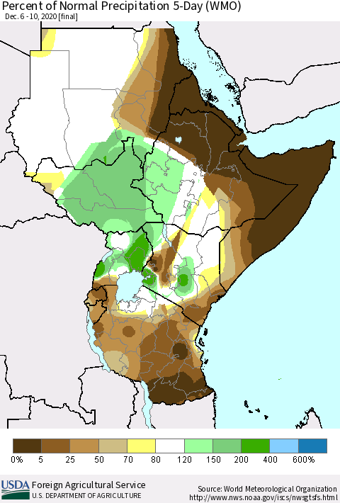 Eastern Africa Percent of Normal Precipitation 5-Day (WMO) Thematic Map For 12/6/2020 - 12/10/2020